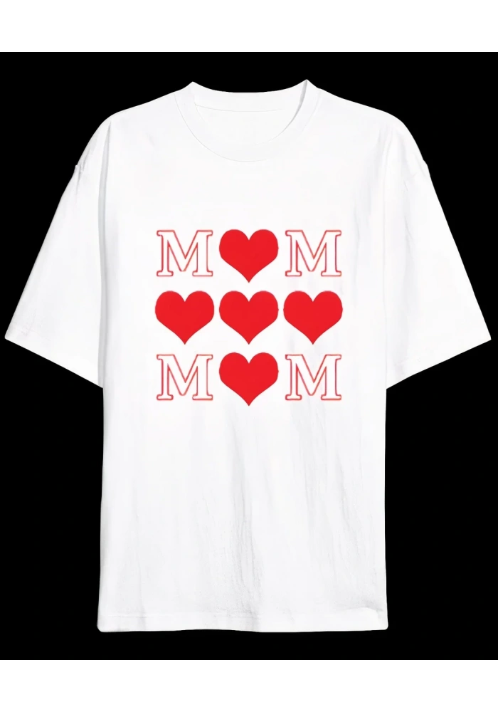 Anneler Günü Hediye MOM Kalp Baskılı Oversize Bisiklet Yaka T-shirt - Beyaz