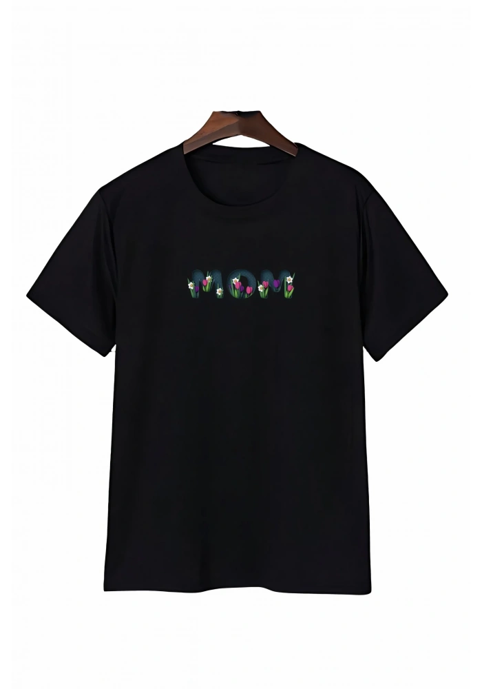 Anneler Günü Mom Çiçek Temalı Baskılı Oversize Bisiklet Yaka T-shirt - Siyah