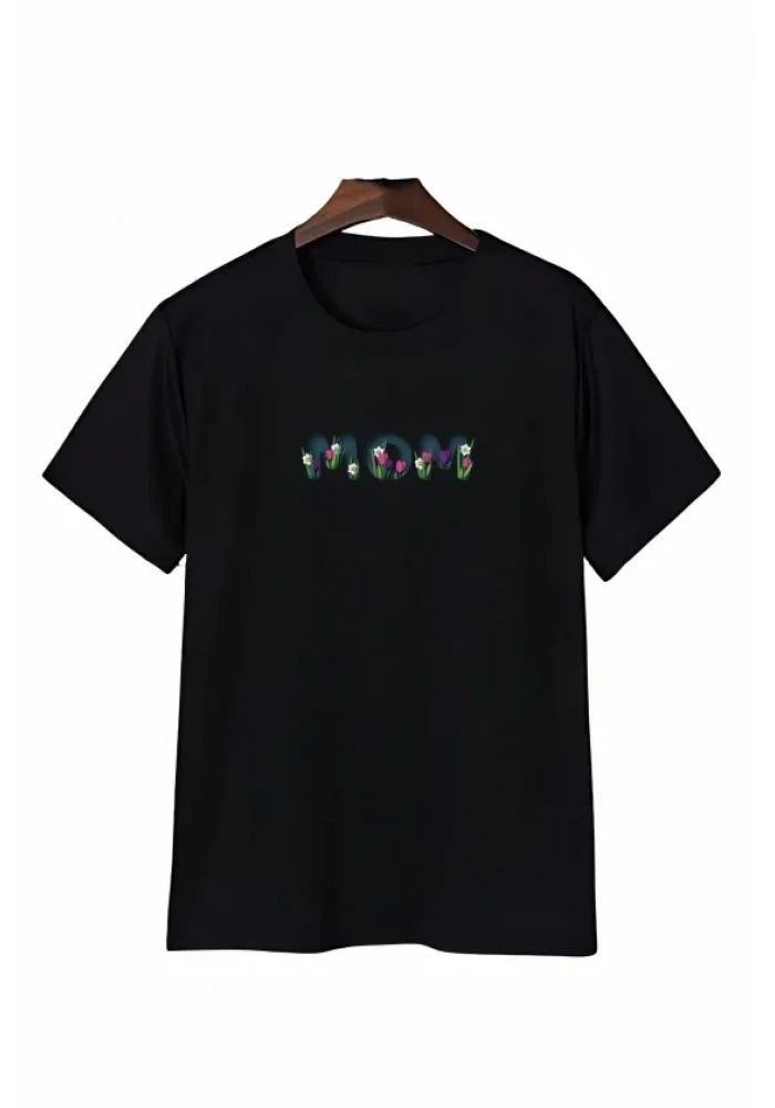Anneler Günü Mom Çiçek Temalı Baskılı Oversize Bisiklet Yaka T-shirt - Siyah