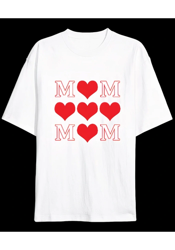 Anneler Gününe Özel Tasarım MOM Kalp Baskılı T-shirt - Beyaz