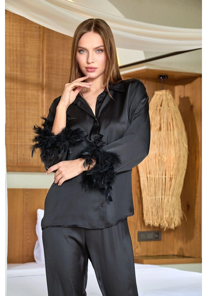 Aqua 25583 Gömlek Yaka Otrişli Saten Pijama Takımı