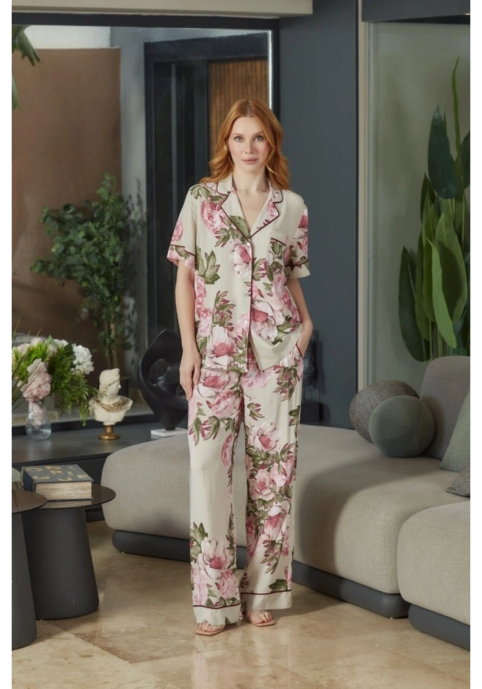 Aqua 26546 Kadın Desenli Düğmeli Kısa Kol Pijama Takım