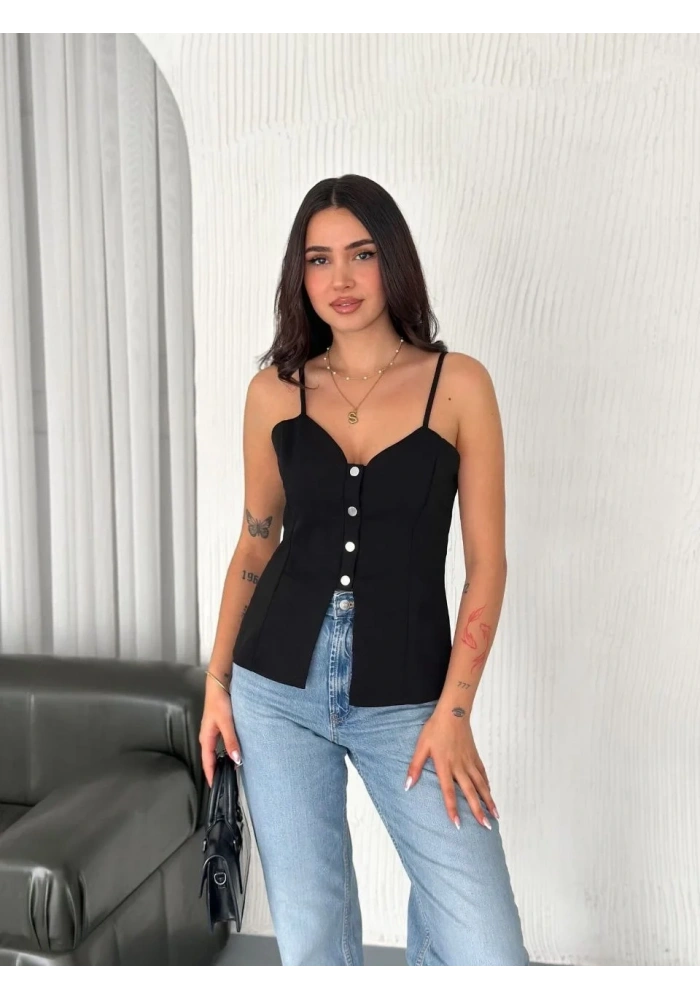 Askılı Dekolte deraylı bluz crop - Siyah
