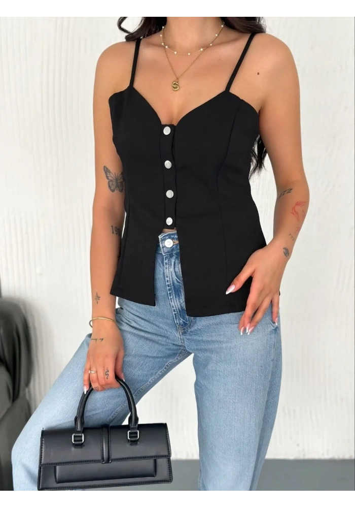 Askılı Dekolte deraylı bluz crop - Siyah