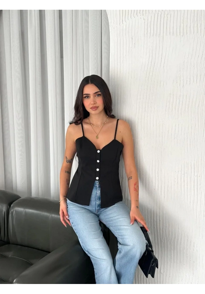Askılı Dekolte deraylı bluz crop - Siyah