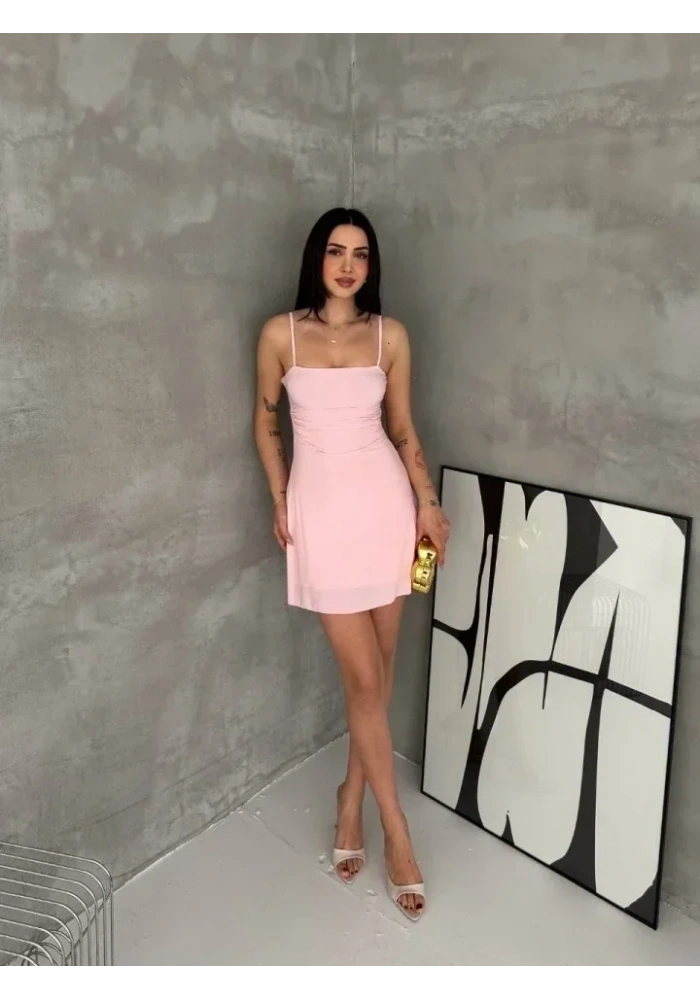 Askılı Şifon Mini Elbise Drapeli Bel Vücuda Oturan Yazlık Şık - Pembe