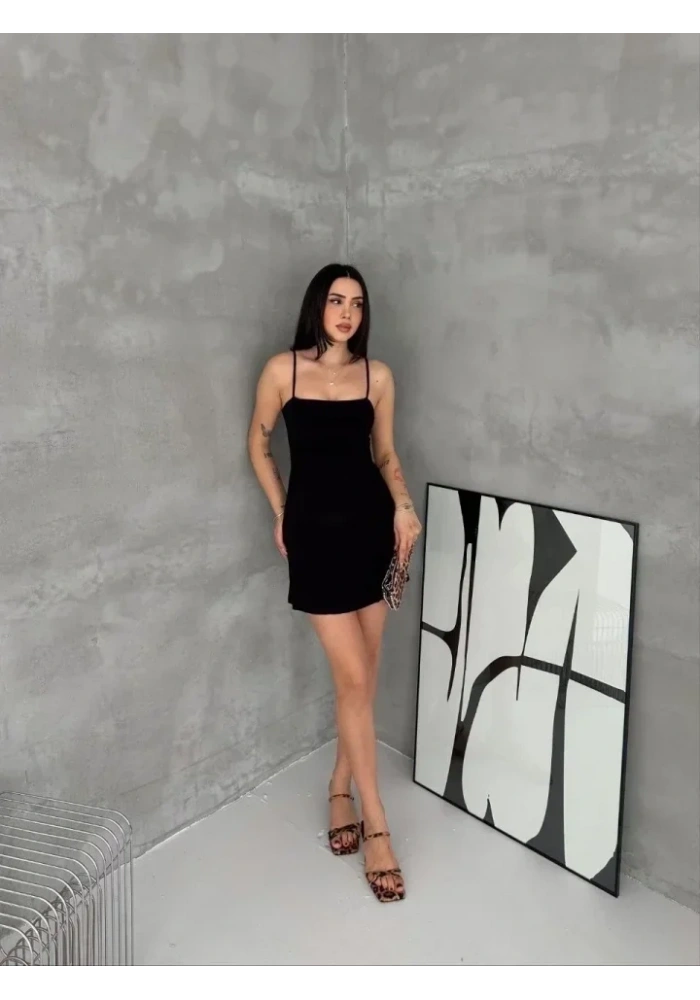 Askılı Şifon Mini Elbise Drapeli Bel Vücuda Oturan Yazlık Şık - Siyah