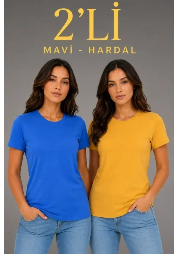 Basic Bisiklet Yaka Yazlık Slim Fit T-Shirt - Mavi - Hardal Sarısı