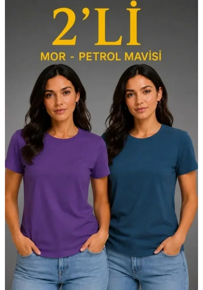Basic Bisiklet Yaka Yazlık Slim Fit T-Shirt - Mor - Petrol Mavisi