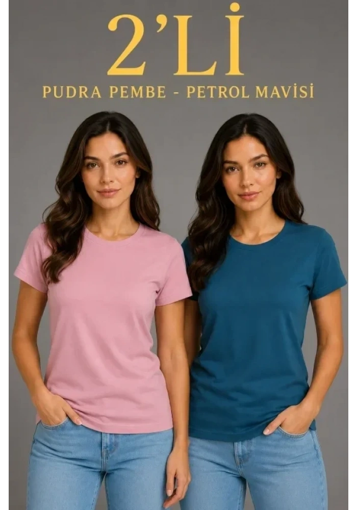 Basic Bisiklet Yaka Yazlık Slim Fit T-Shirt - Pudra Pembe - Petrol Mavi