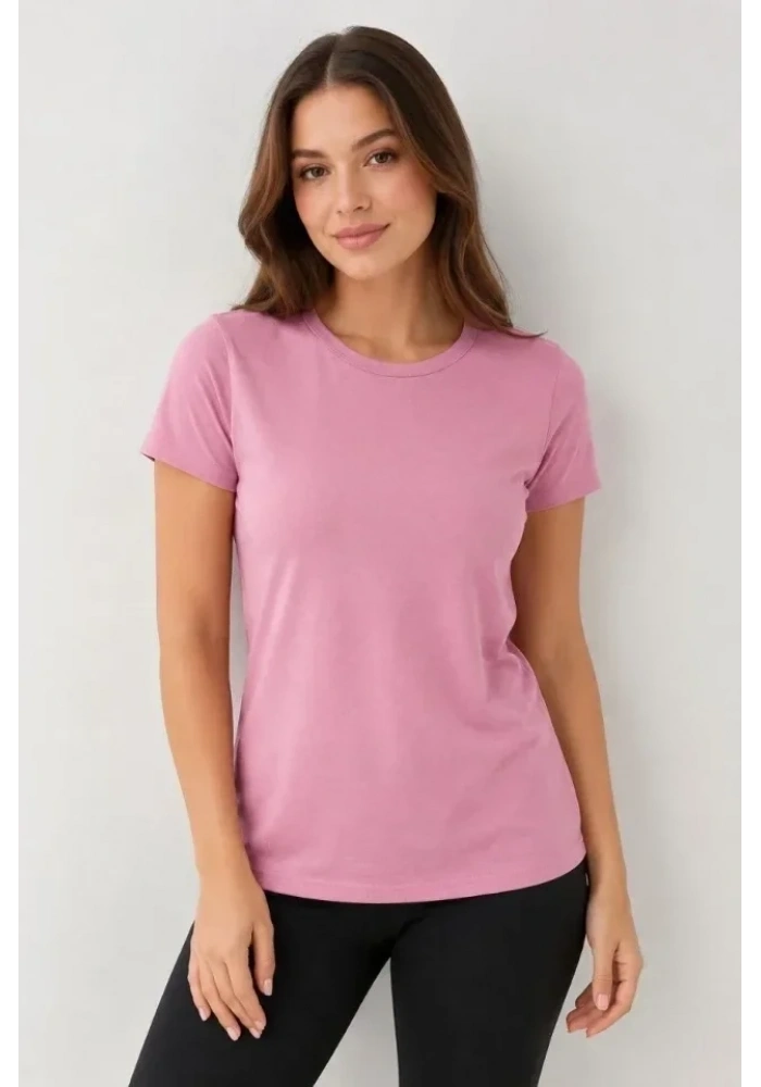 Basic Bisiklet Yaka Yazlık Slim Fit T-Shirt - Pudra Pembe - Turuncu