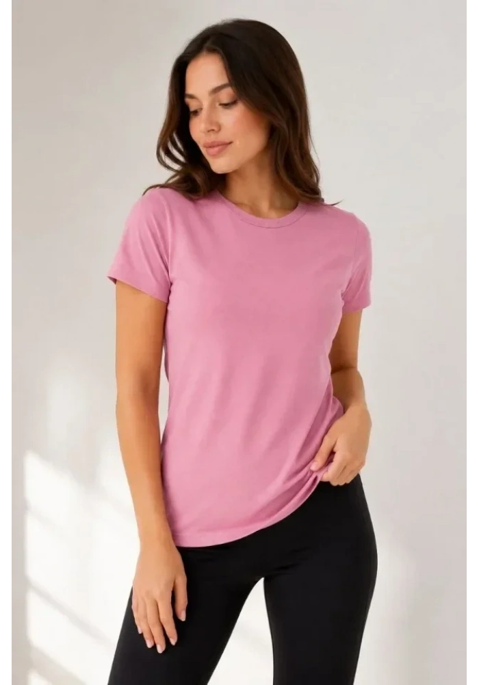 Basic Bisiklet Yaka Yazlık Slim Fit T-Shirt - Pudra Pembe - Turuncu
