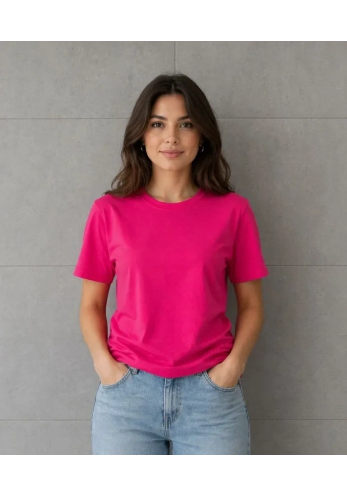 Basic Pamuklu Tişört Bisiklet Yaka Düz Renk Relaxed Fit T-Shirt - Fuşya