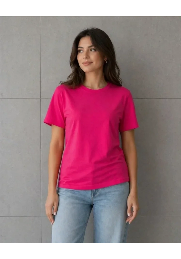 Basic Pamuklu Tişört Bisiklet Yaka Düz Renk Relaxed Fit T-Shirt - Fuşya