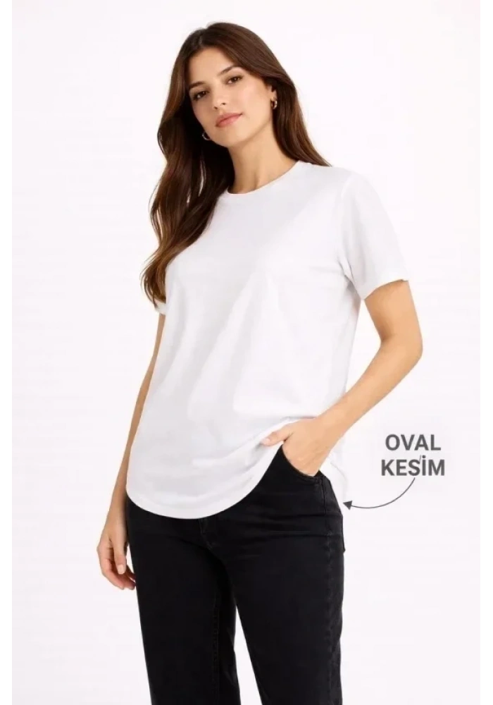 Basic T-Shirt Kısa Kol Bisiklet Yaka Oval Kesim Tişört - Beyaz