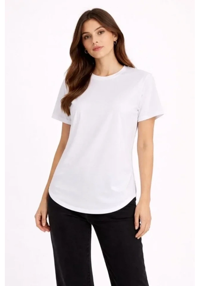 Basic T-Shirt Kısa Kol Bisiklet Yaka Oval Kesim Tişört - Beyaz