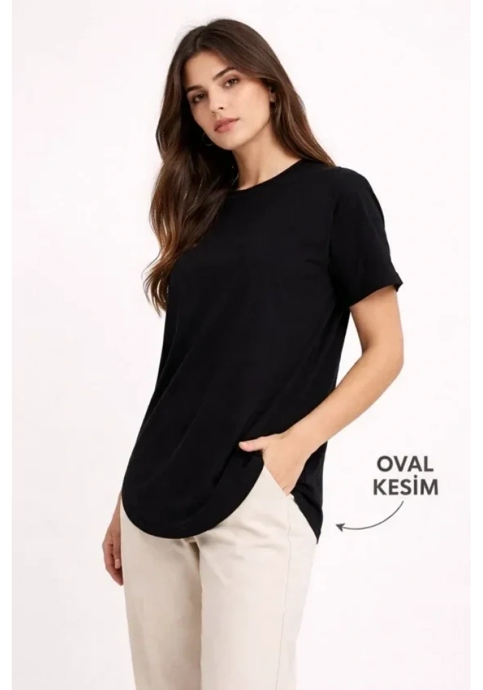 Basic T-Shirt Kısa Kol Bisiklet Yaka Oval Kesim Tişört - Siyah