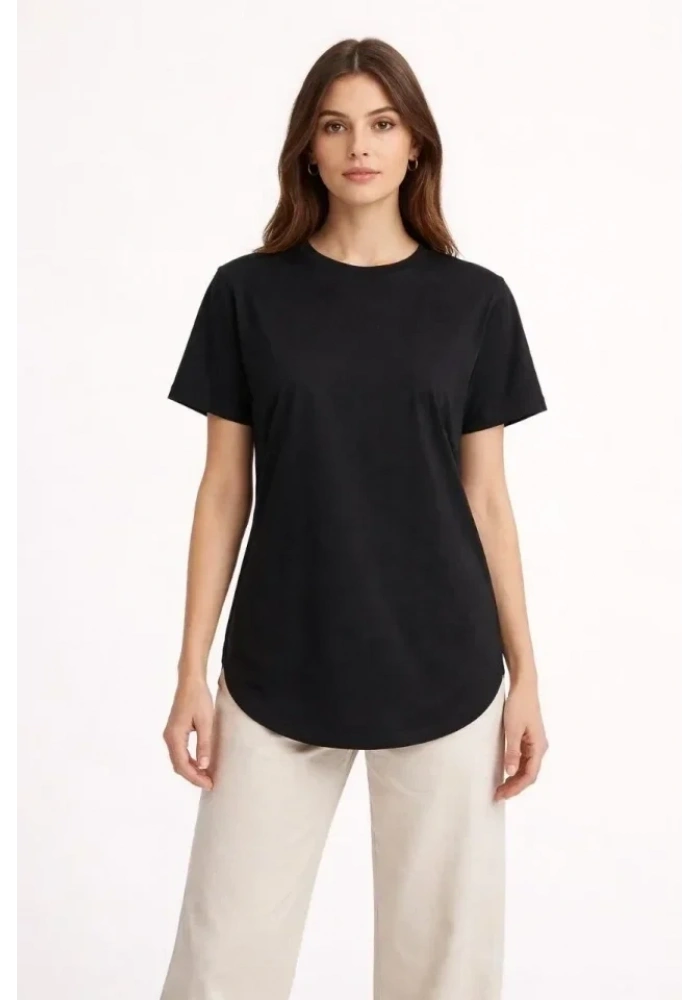 Basic T-Shirt Kısa Kol Bisiklet Yaka Oval Kesim Tişört - Siyah
