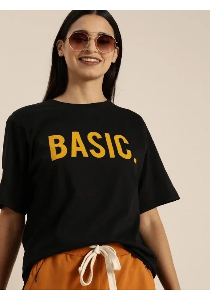 Kadın Kısa Kol Yazlık Tişört Bisiklet Yaka BASIC Baskılı T-Shirt - Siyah
