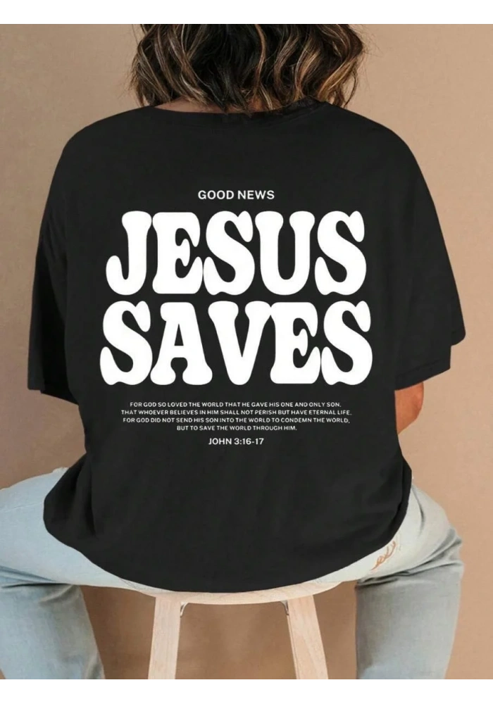 Kadın Baskılı T-Shirt Kısa Kol Bisiklet Yaka Oversize Rahat Kalıp Tişört - Siyah