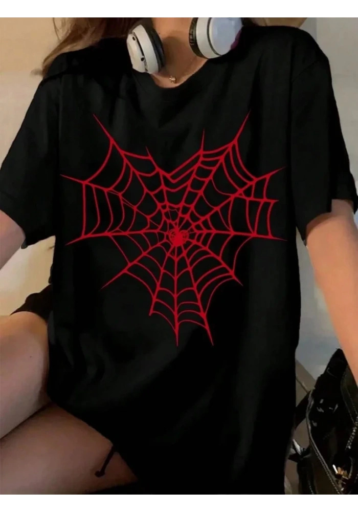 Kadın Örümcek Ağ Baskılı T-Shirt Kısa Kol Bisiklet Yaka Oversize Tişört - Siyah