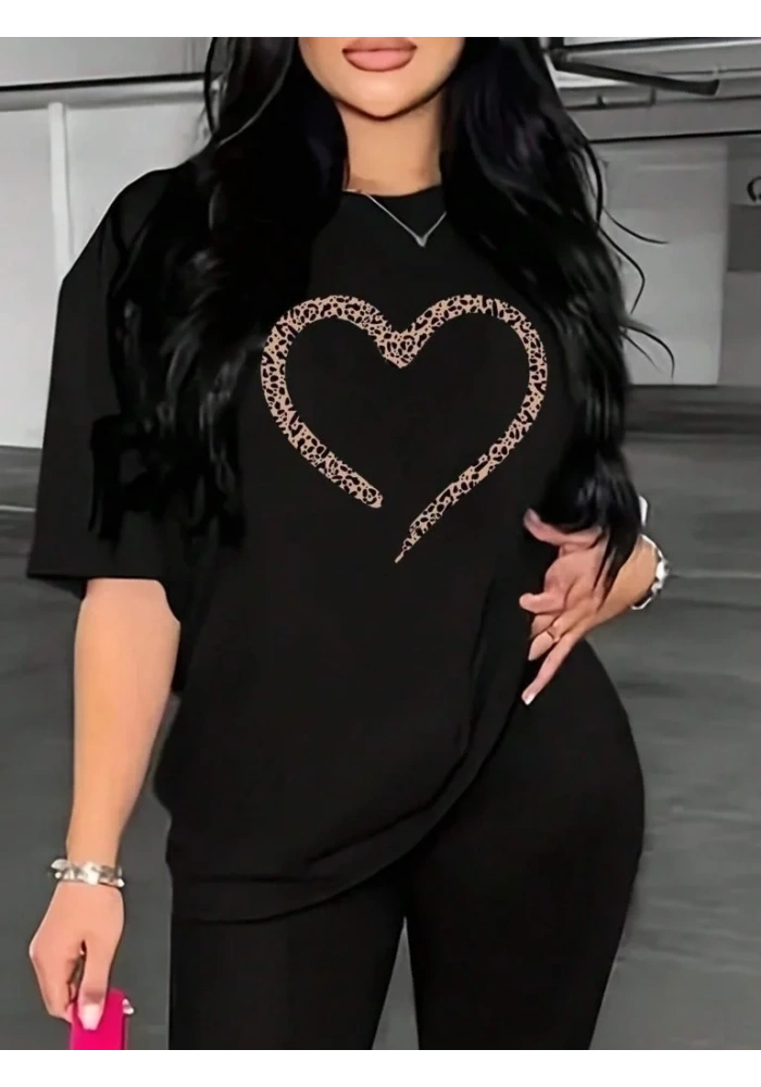 Kadın Kalp Baskılı T-Shirt Kısa Kol Bisiklet Yaka Oversize Tişört - Siyah