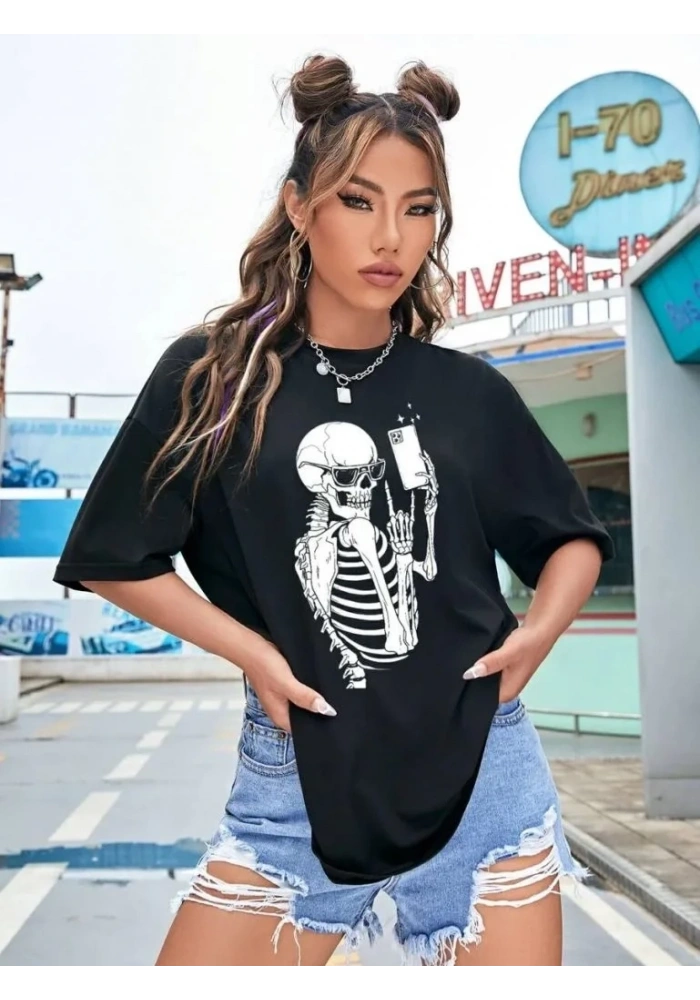 Kadın iskelet Baskılı T-Shirt Kısa Kol Bisiklet Yaka Oversize Tişört - Siyah