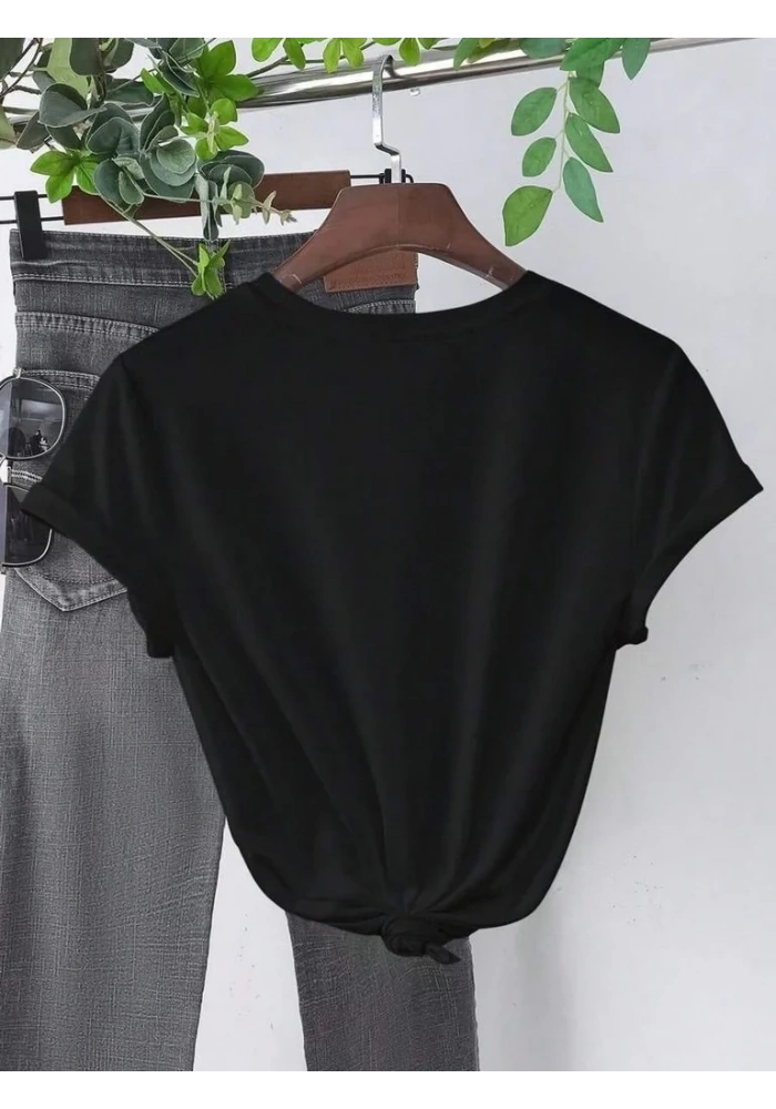 Kadın Kısa Kol Yazlık Tişört Bisiklet Yaka Baskılı Oversize T-Shirt - Siyah