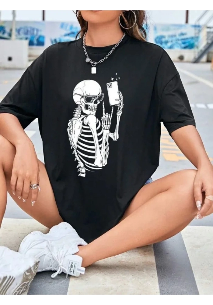 Kadın iskelet Baskılı T-Shirt Kısa Kol Bisiklet Yaka Oversize Tişört - Siyah