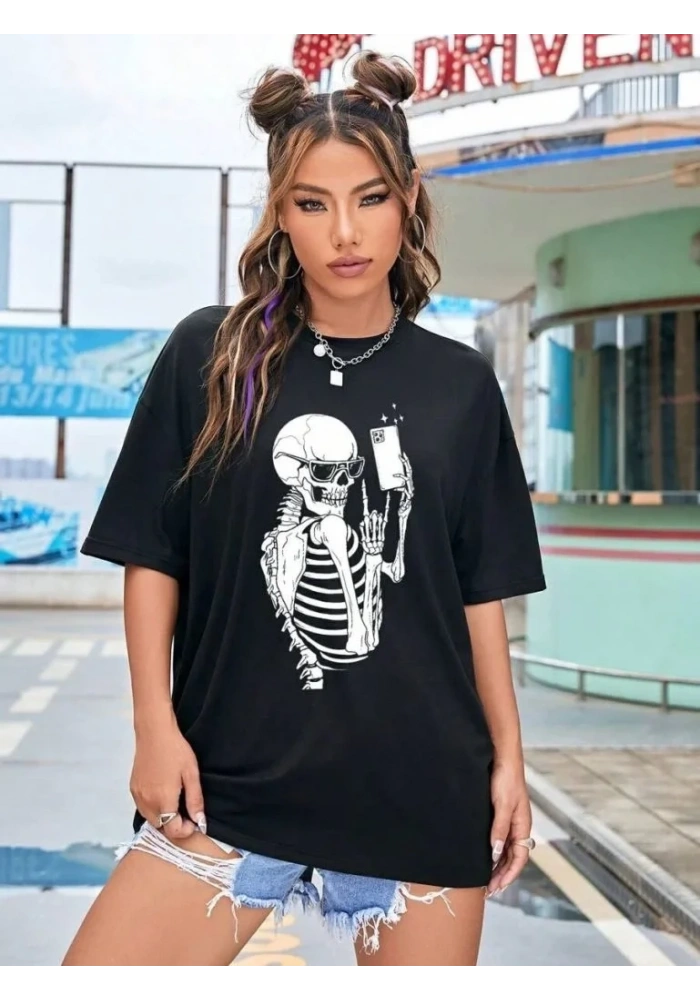 Kadın iskelet Baskılı T-Shirt Kısa Kol Bisiklet Yaka Oversize Tişört - Siyah