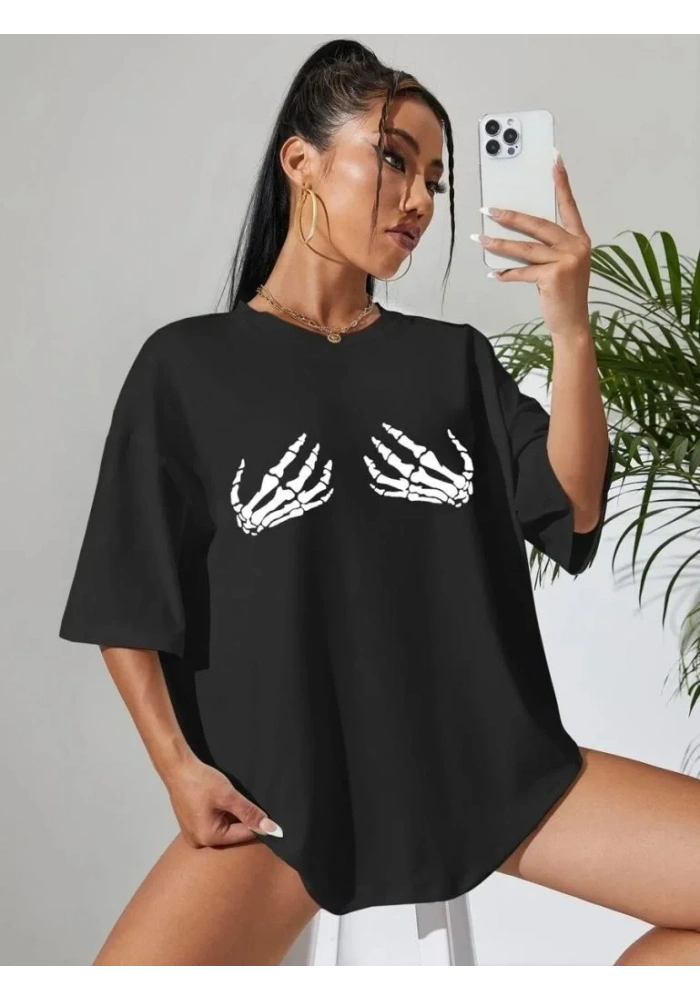 Kadın Baskılı T-Shirt Kısa Kol Bisiklet Yaka Oversize Rahat Kalıp Tişört - Siyah