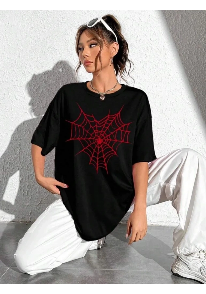Kadın Örümcek Ağ Baskılı T-Shirt Kısa Kol Bisiklet Yaka Oversize Tişört - Siyah