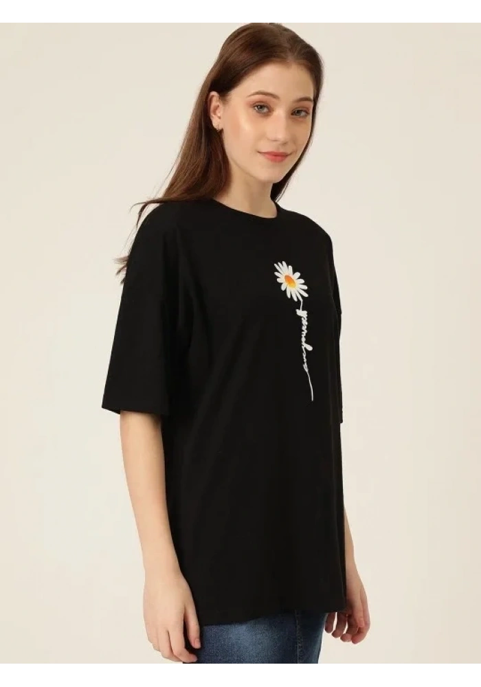 Kadın Papatya Baskılı T-Shirt Kısa Kol Bisiklet Yaka Oversize  Tişört - Siyah