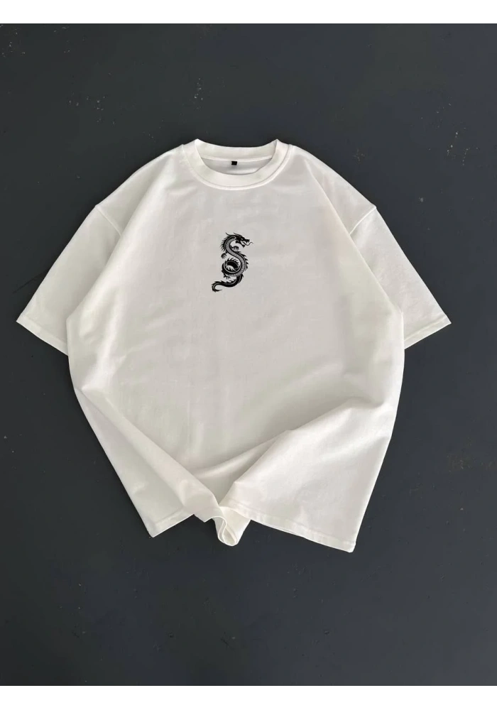 Erkek Baskılı Oversize Bisiklet Yaka T-shirt - Beyaz