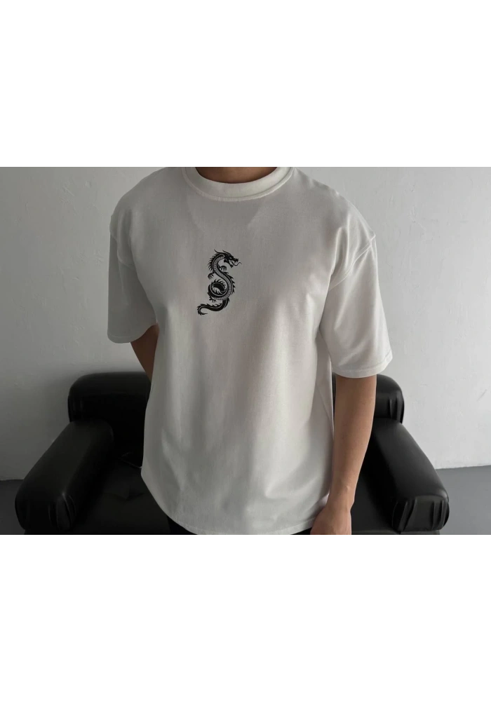 Erkek Baskılı Oversize Bisiklet Yaka T-shirt - Beyaz