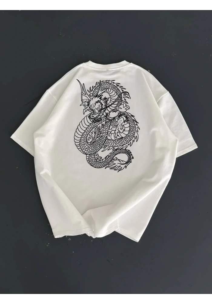 Erkek Baskılı Oversize Bisiklet Yaka T-shirt - Beyaz