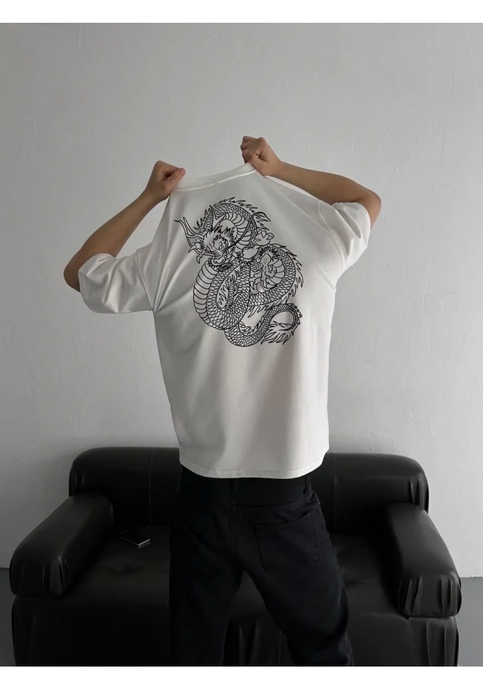 Erkek Baskılı Oversize Bisiklet Yaka T-shirt - Beyaz