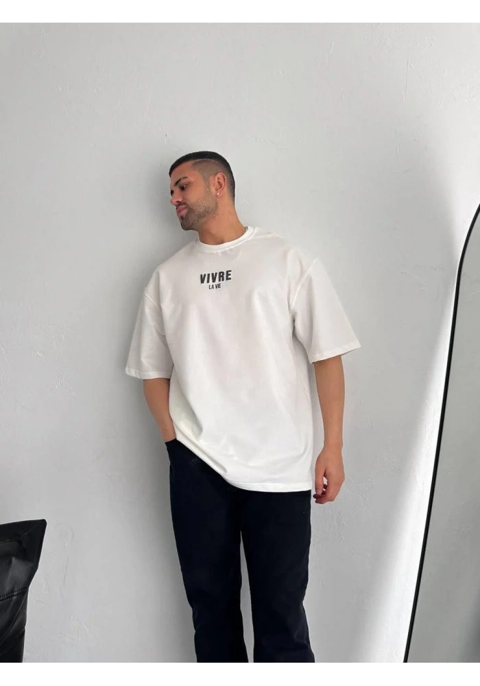 Erkek Baskılı Oversize Bisiklet Yaka T-shirt - Beyaz