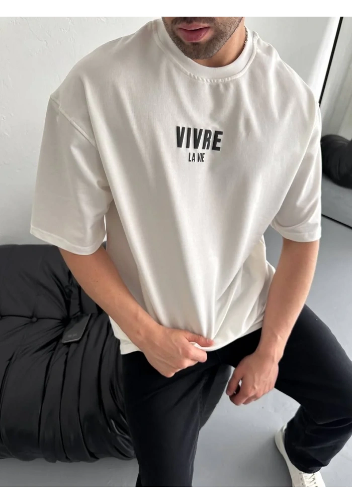 Erkek Baskılı Oversize Bisiklet Yaka T-shirt - Beyaz