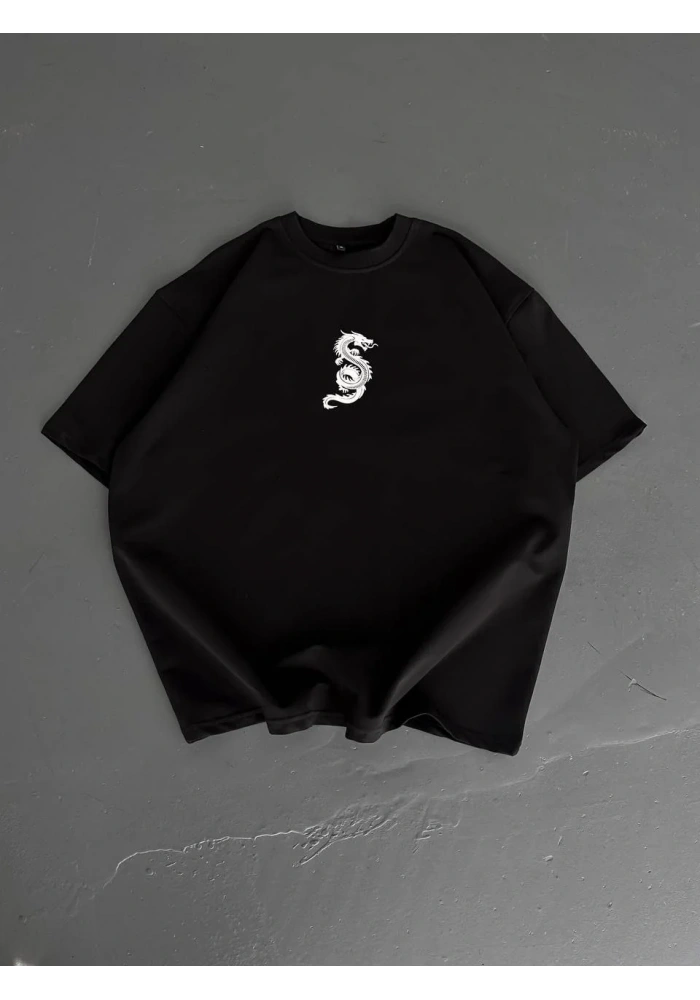 Baskılı Oversize Bisiklet Yaka - Siyah