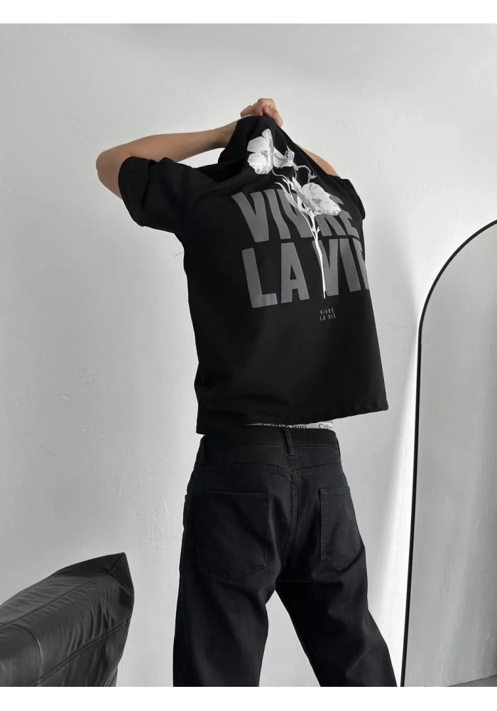 ERKEK Baskılı Oversize Bisiklet Yaka T-shirt - Siyah