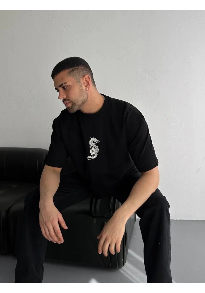 Baskılı Oversize Bisiklet Yaka - Siyah