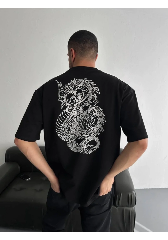 Baskılı Oversize Bisiklet Yaka - Siyah