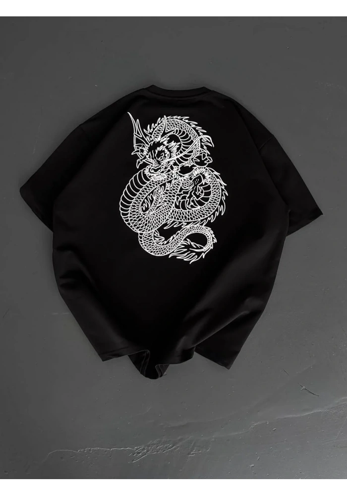 Baskılı Oversize Bisiklet Yaka - Siyah