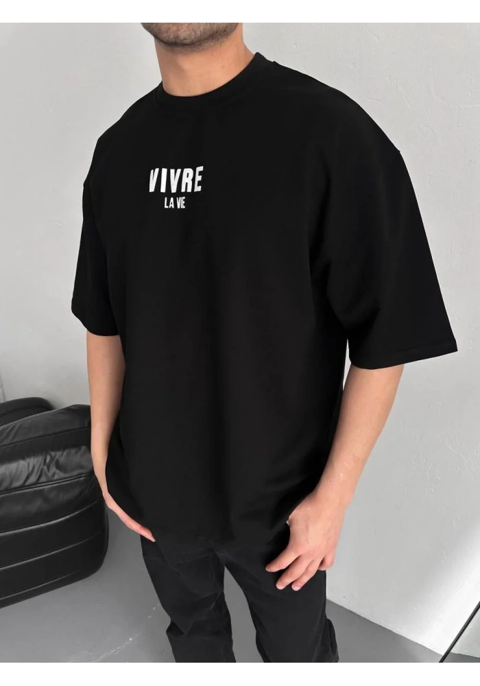 ERKEK Baskılı Oversize Bisiklet Yaka T-shirt - Siyah