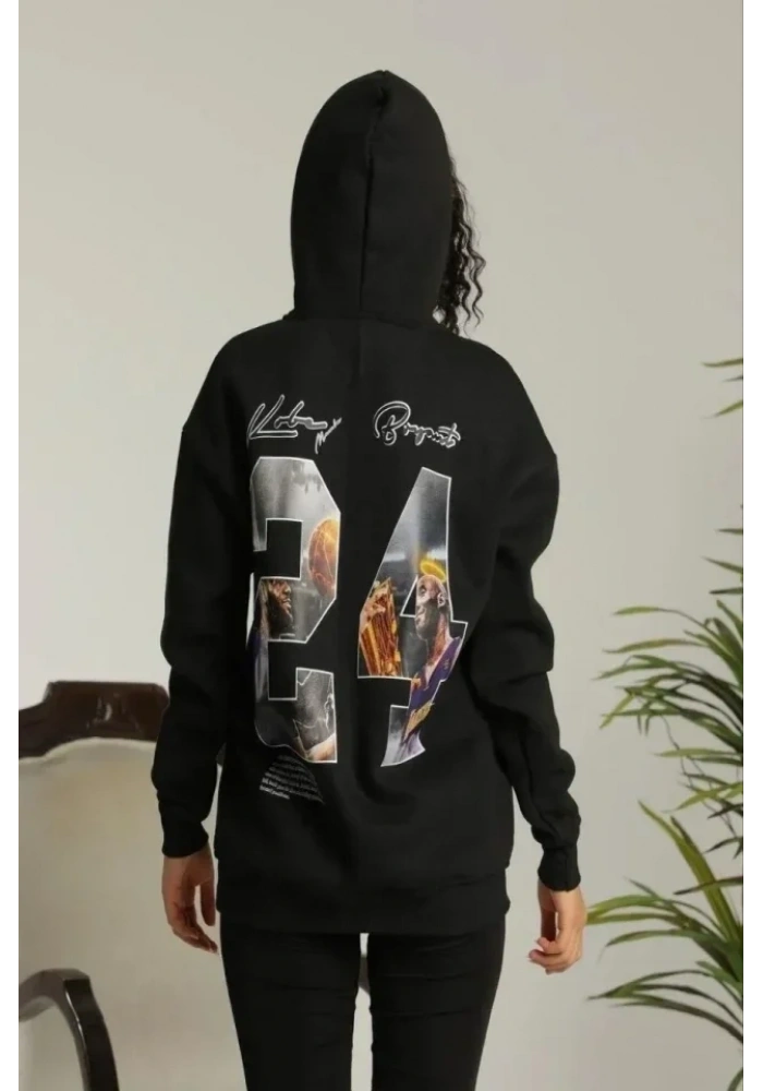 Baskılı Oversize Üç İplik Kapüşonlu Sweatshirt - Siyah