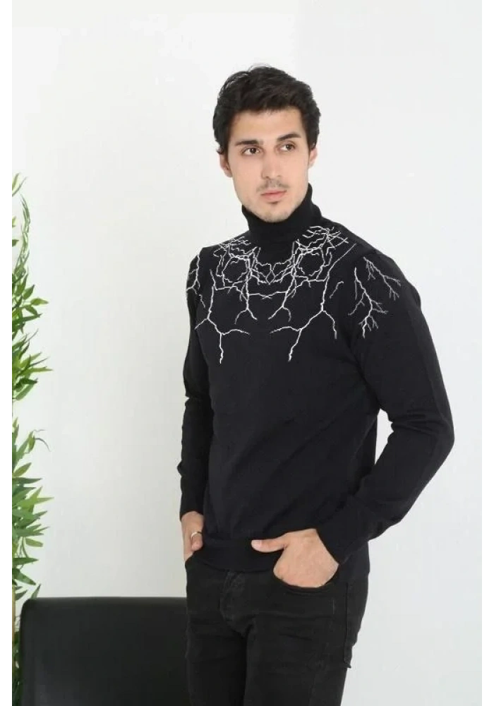 Baskılı Tam Boğazlı Uzun Kol Dokuma Triko - Siyah