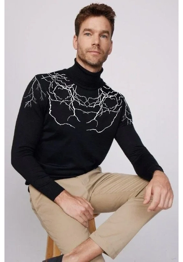 Baskılı Tam Boğazlı Uzun Kol Dokuma Triko - Siyah