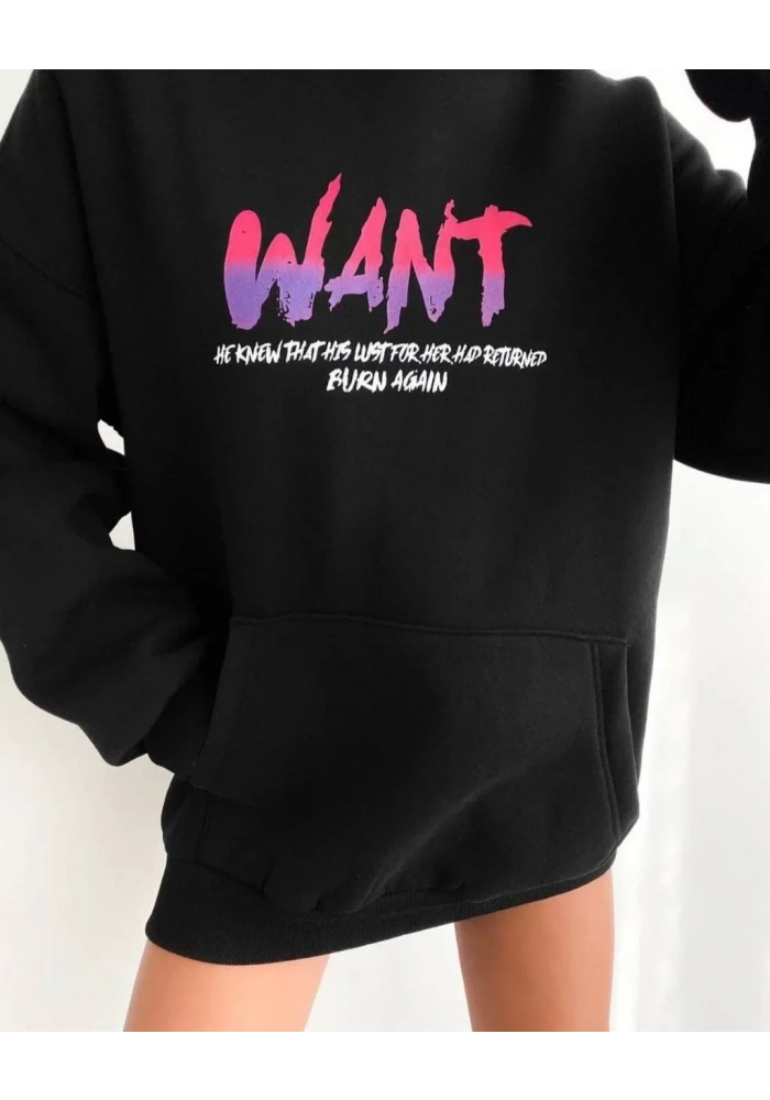 Baskılı Üç İplik Kapüşonlu Oversize Sweatshirt - Siyah