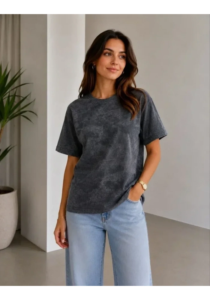 Batik Desenli Tişört Bisiklet Yaka Kısa Kol Regular Fit T-shirt - Siyah